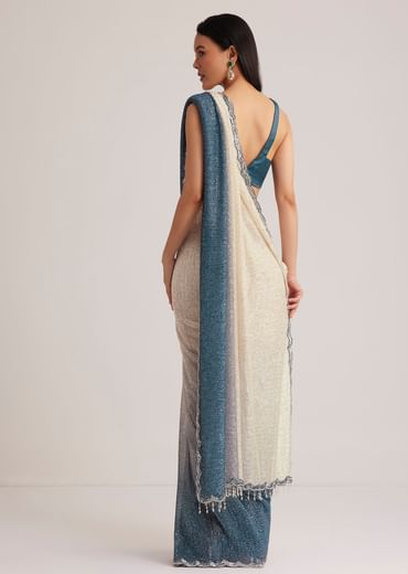 Peacock Blue Ombre Sequins Saree With Scalloped Embroidered Border