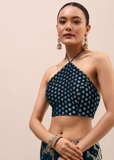 Peacock Blue Saree In Zari Jaal With Unstitched Blouse
