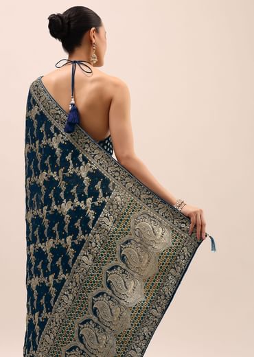 Peacock Blue Saree In Zari Jaal With Unstitched Blouse