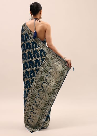 Peacock Blue Saree In Zari Jaal With Unstitched Blouse
