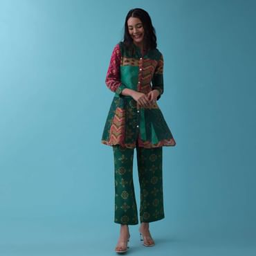 Peacock Green Printed Co-ord Set With Peplum Top In Silk - RE By Kalki