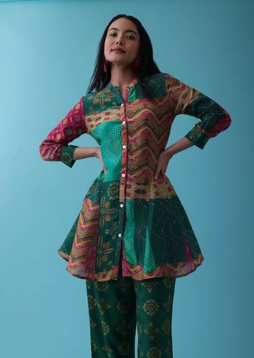Peacock Green Printed Co-ord Set With Peplum Top In Silk - RE By Kalki