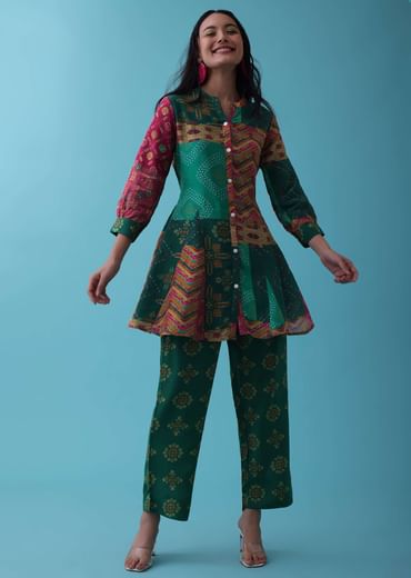 Peacock Green Printed Co-ord Set With Peplum Top In Silk - RE By Kalki