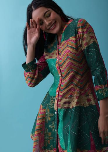 Peacock Green Printed Co-ord Set With Peplum Top In Silk - RE By Kalki