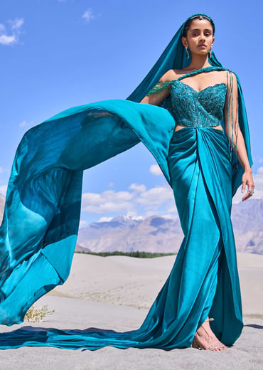Peacock Green Embroidered Satin Gown With Sweetheart Neckline