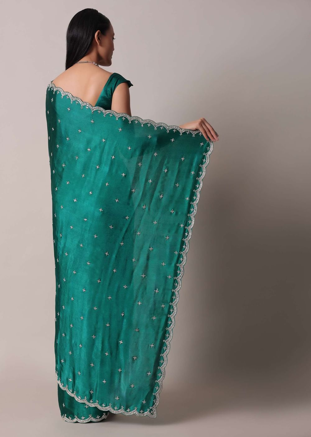 Peacock Green Saree In Satin Chinon With Scallop Border And Unstitched Blouse Piece