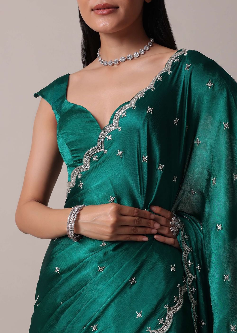 Peacock Green Saree In Satin Chinon With Scallop Border And Unstitched Blouse Piece