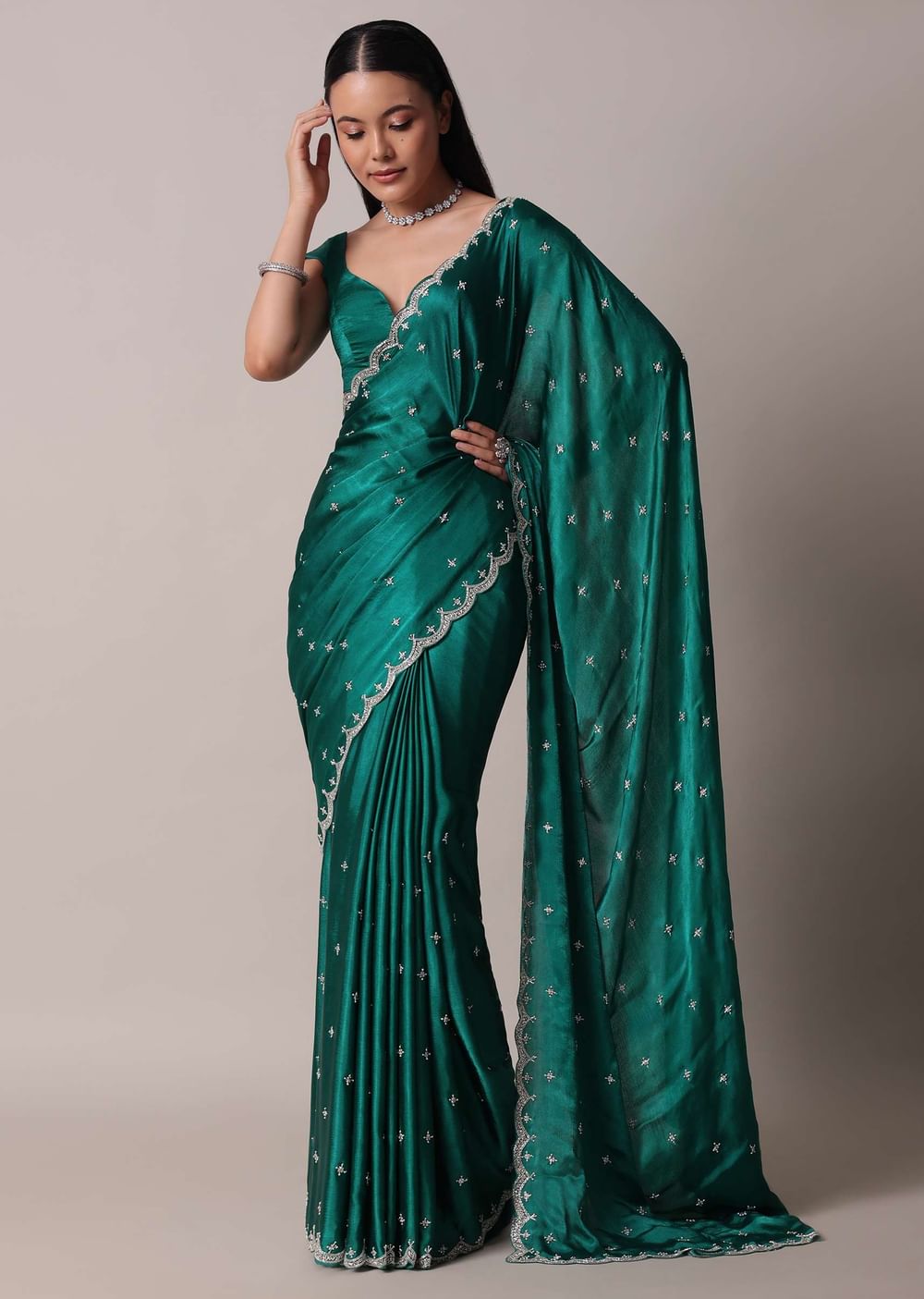 Peacock Green Saree In Satin Chinon With Scallop Border And Unstitched Blouse Piece