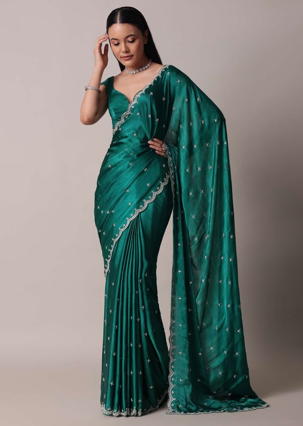 Peacock Green Saree In Satin Chinon With Scallop Border And Unstitched Blouse Piece