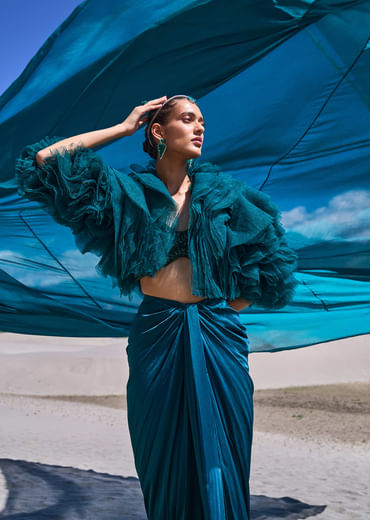 Peacock Green Satin Pre Draped Skirt Set With Ruffle Jacket