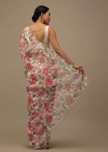 Pearl White Embroidered Organza Saree With Floral Print And Scallop Borders