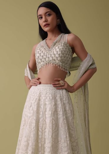 Pearl White Lehenga Suit Set In Georgette With Lucknowi Embroidery
