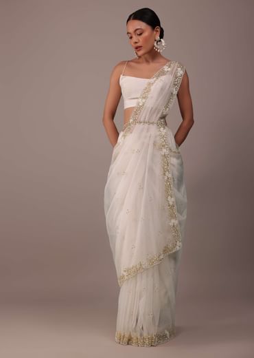 Pearl White Organza Saree With Cut Dana Embroidery