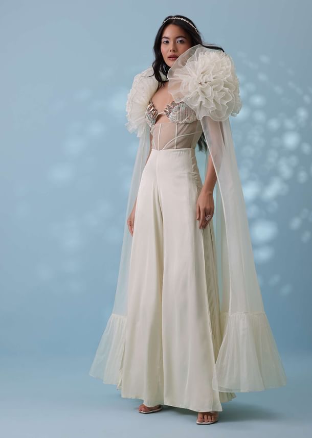 Pearl White Satin Indowestern Embroidered Jumpsuit With Net Shrug