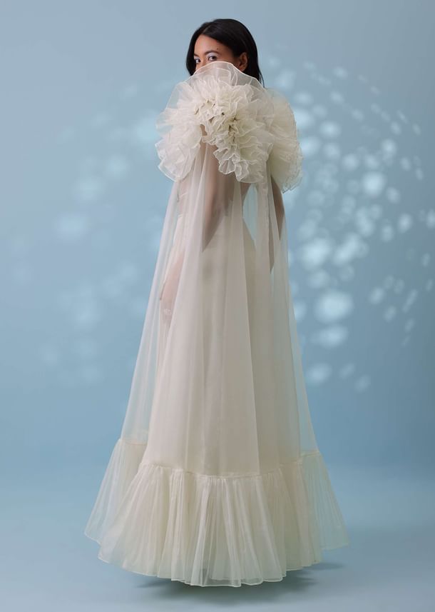 Pearl White Satin Indowestern Embroidered Jumpsuit With Net Shrug