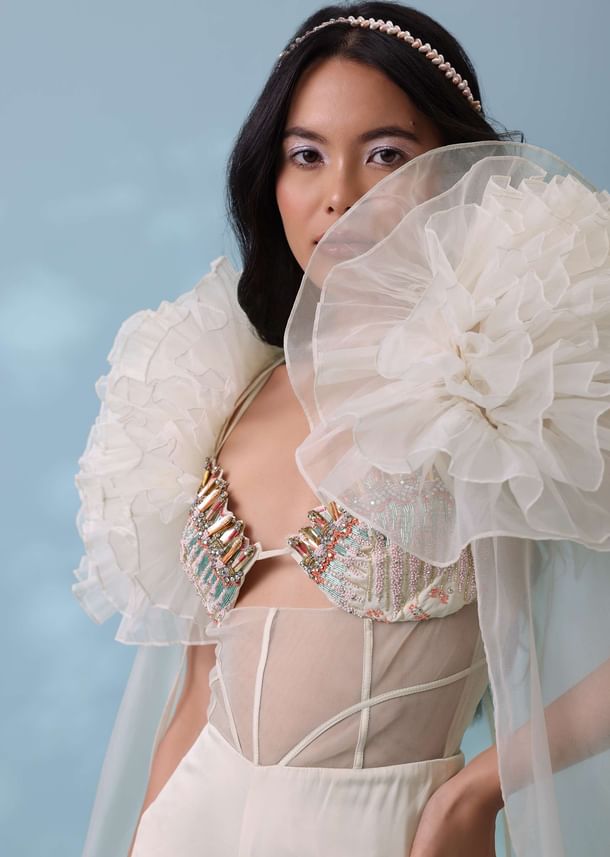 Pearl White Satin Indowestern Embroidered Jumpsuit With Net Shrug