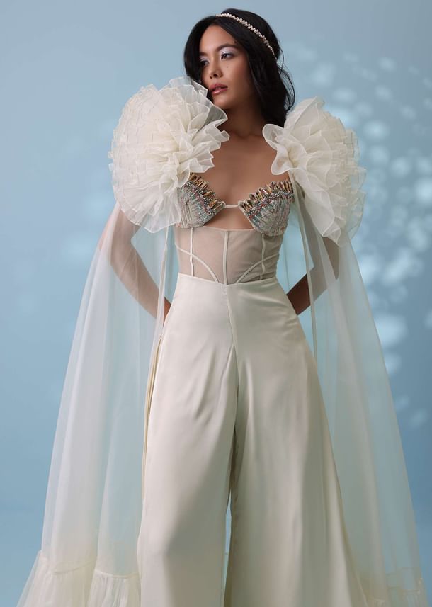 Pearl White Satin Indowestern Embroidered Jumpsuit With Net Shrug
