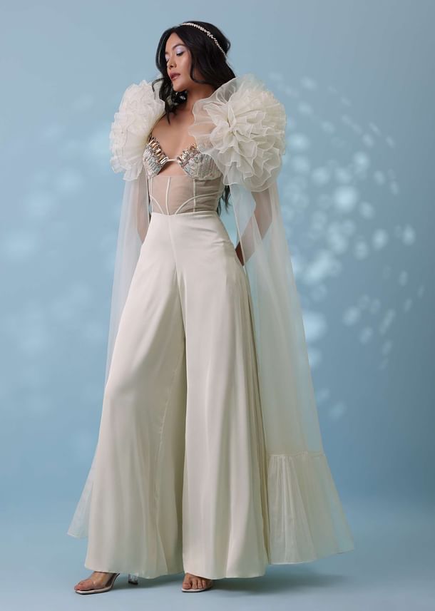 Pearl White Satin Indowestern Embroidered Jumpsuit With Net Shrug