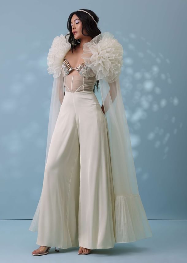 Pearl White Satin Indowestern Embroidered Jumpsuit With Net Shrug