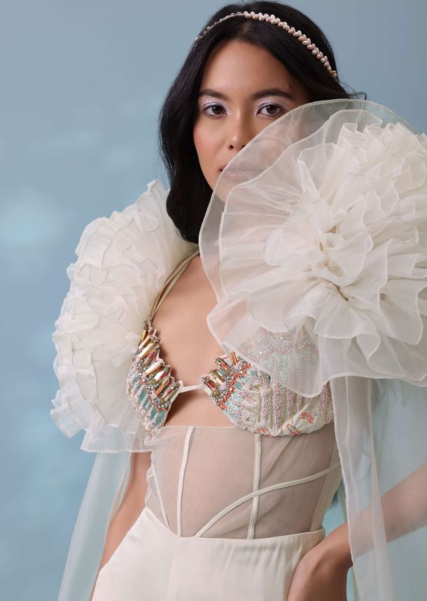 Pearl White Satin Indowestern Embroidered Jumpsuit With Net Shrug