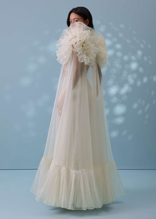 Pearl White Satin Indowestern Embroidered Jumpsuit With Net Shrug