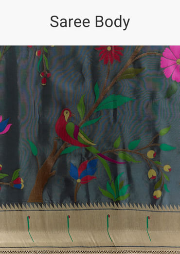 Pencil Grey Dola Silk Woven Muniya Paithani Saree With Zari Border