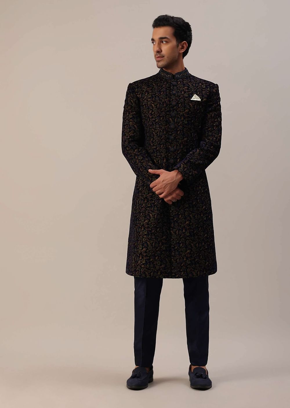 Persian Blue Floral Embroidered Sherwani Set In Velvet