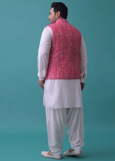Persian Pink Tussar Silk Fabricated Jacket Kurta Set With Bandhani Print