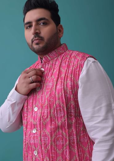 Persian Pink Tussar Silk Fabricated Jacket Kurta Set With Bandhani Print
