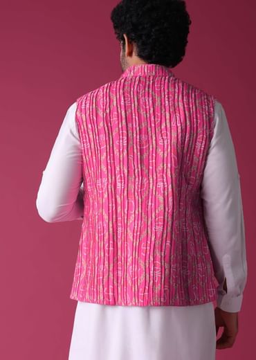 Persian Pink Jacket Kurta Set In Tussar Silk With Bandhani Print