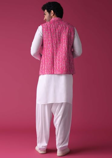 Persian Pink Jacket Kurta Set In Tussar Silk With Bandhani Print