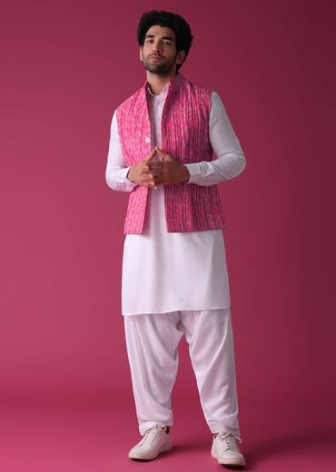 Persian Pink Jacket Kurta Set In Tussar Silk With Bandhani Print