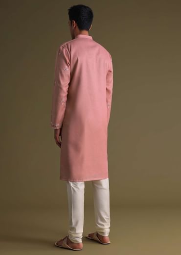 Petal Pink Kurta Set In Silk With Mirror Embroidery