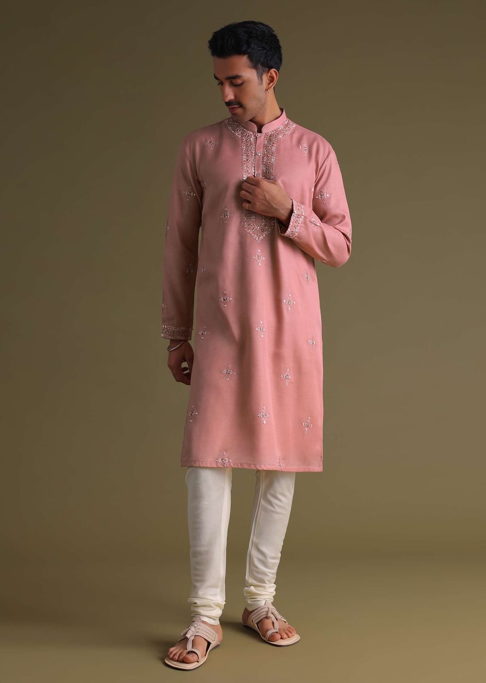 Petal Pink Kurta Set In Silk With Mirror Embroidery