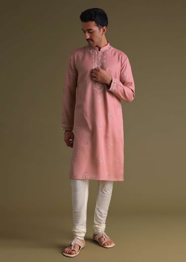 Petal Pink Kurta Set In Silk With Mirror Embroidery