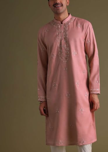 Petal Pink Kurta Set In Silk With Mirror Embroidery
