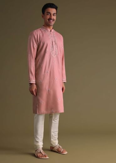 Petal Pink Kurta Set In Silk With Mirror Embroidery