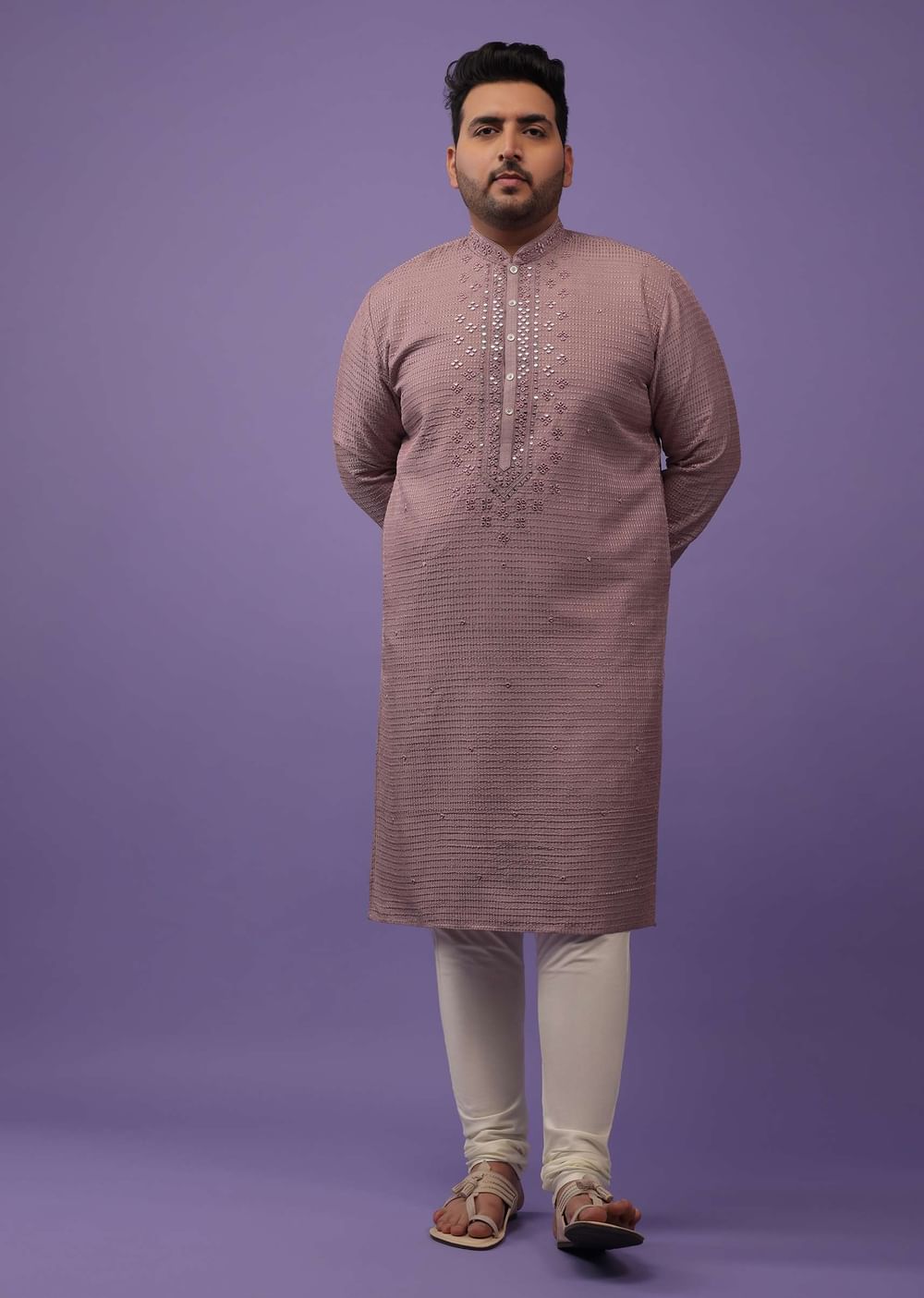 Petal Pink Mirror And Thread Embroidered Kurta Set In Silk