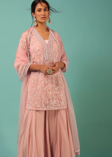 Petal Pink Sharara Suit With Cut Dana And Moti Detailed Jaal Design