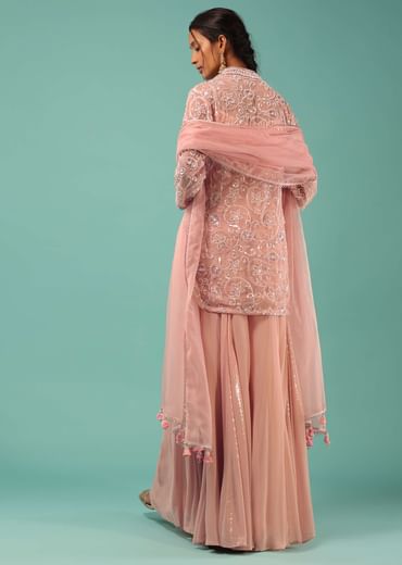 Petal Pink Sharara Suit With Cut Dana And Moti Detailed Jaal Design