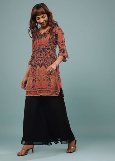 Black Printed Palazzo Suit In Georgette With Multicolored Kashmiri Print