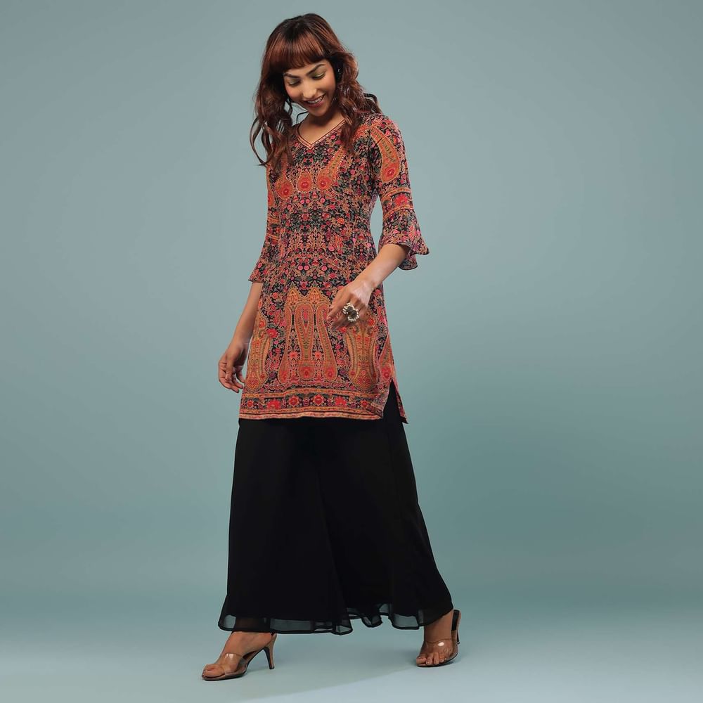 Black Printed Palazzo Suit In Georgette With Multicolored Kashmiri Print