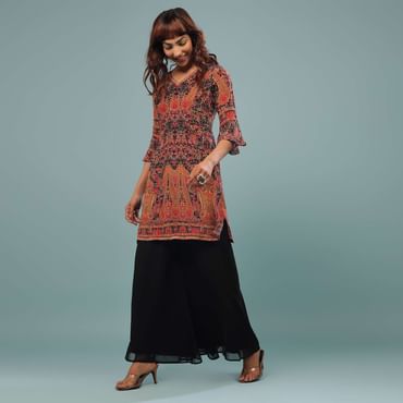 Black Printed Palazzo Suit In Georgette With Multicolored Kashmiri Print