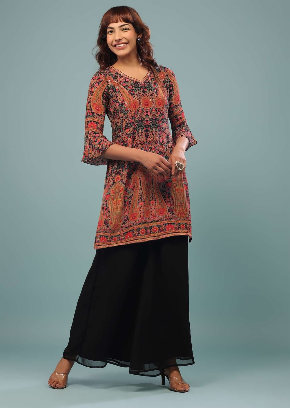 Black Printed Palazzo Suit In Georgette With Multicolored Kashmiri Print