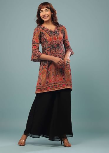 Black Printed Palazzo Suit In Georgette With Multicolored Kashmiri Print