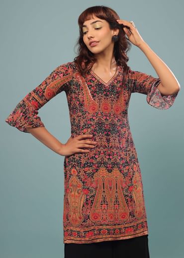 Black Printed Palazzo Suit In Georgette With Multicolored Kashmiri Print