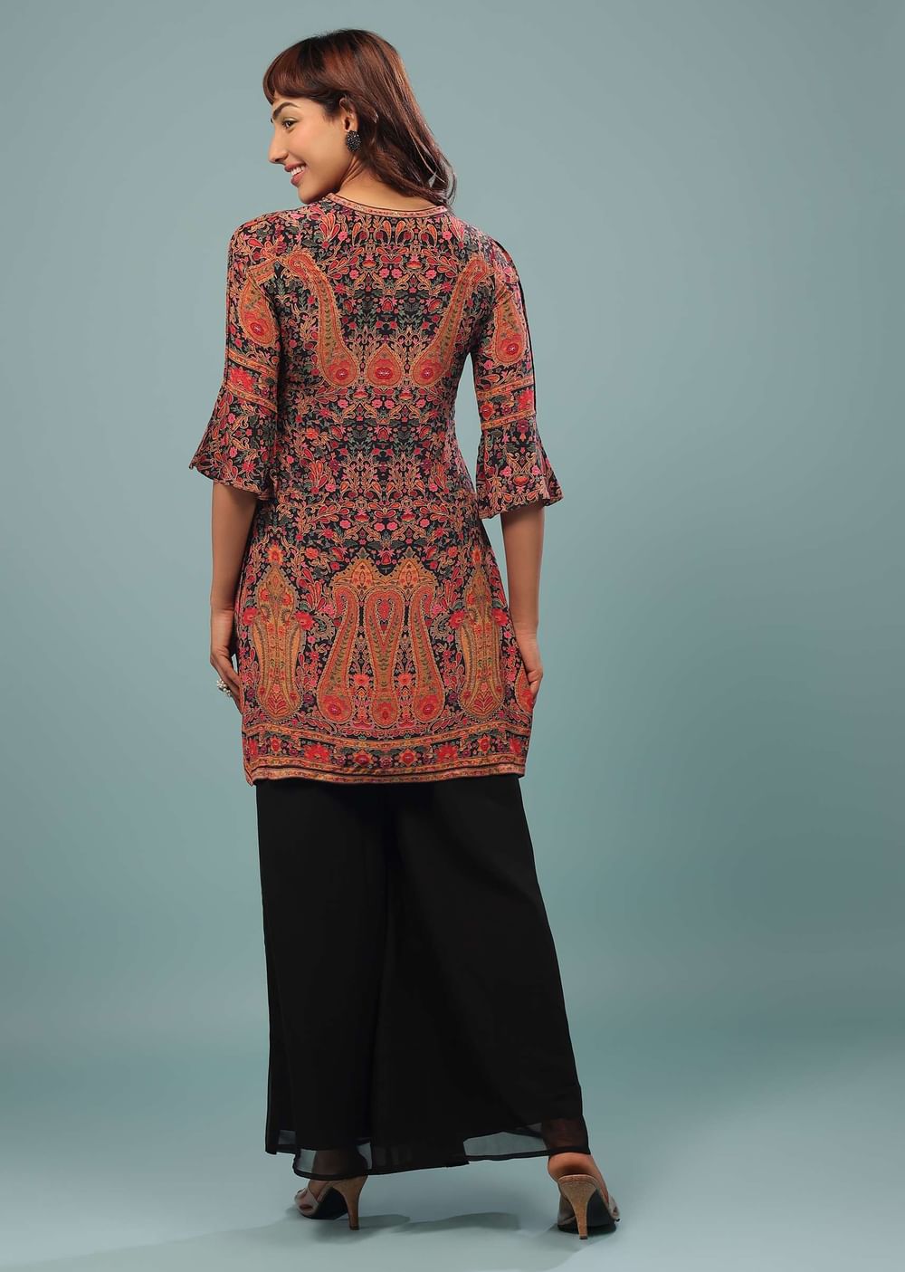 Black Printed Palazzo Suit In Georgette With Multicolored Kashmiri Print