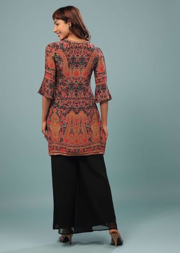 Black Printed Palazzo Suit In Georgette With Multicolored Kashmiri Print