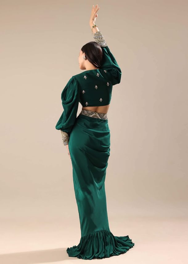 Pine Green Embroidered Blouse And Drape Skirt