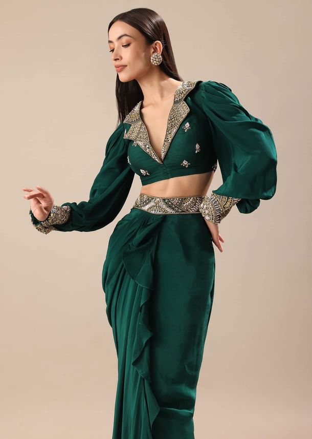Pine Green Embroidered Blouse And Drape Skirt